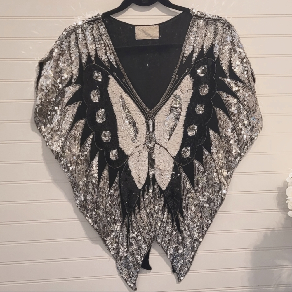 Vintage 1970s butterfly sequin top (le mieux) French silk top